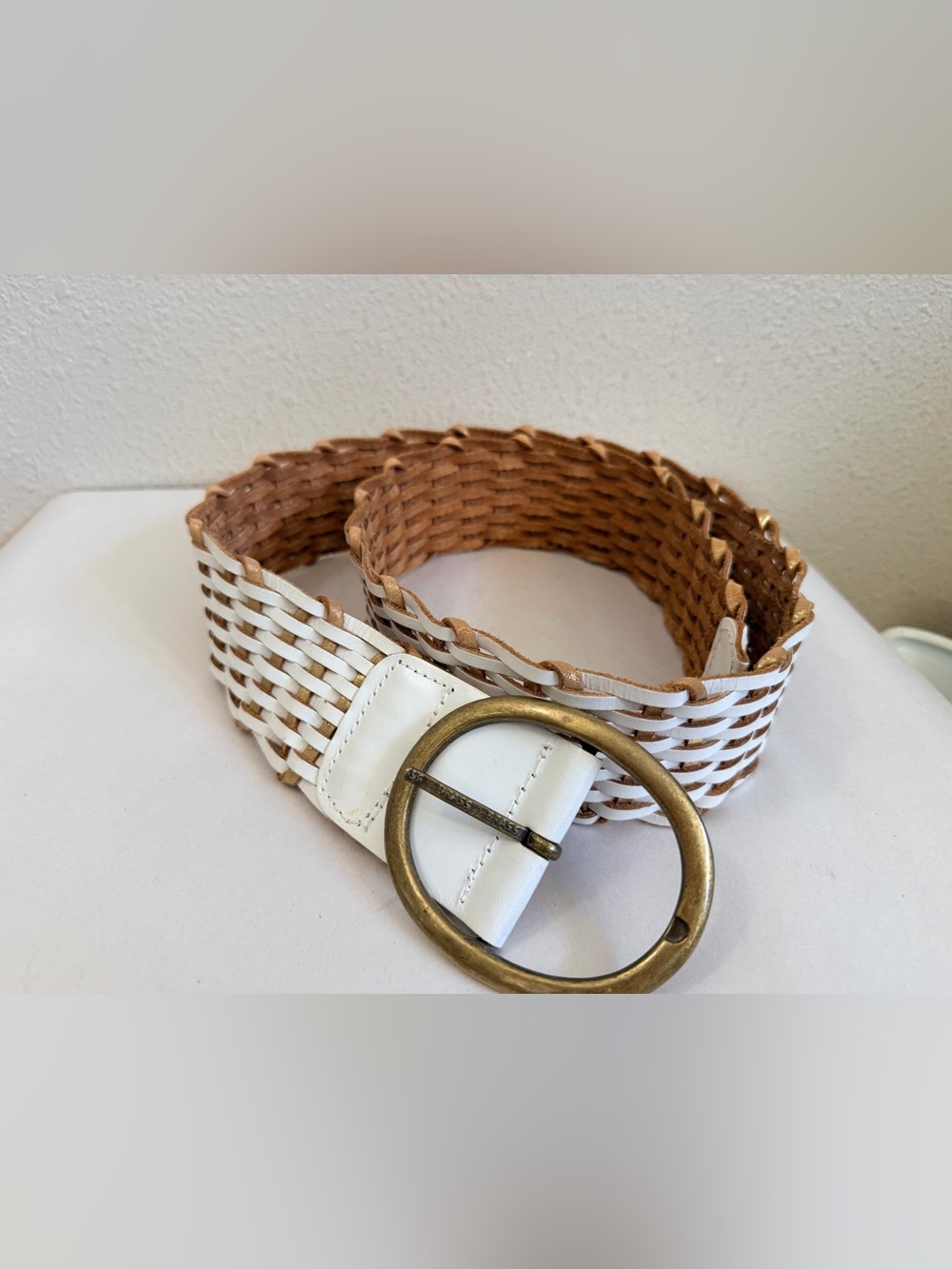 Vintage BEBE Genuine Leather Woven Belt White Gold Brass Buckle M/L 44"